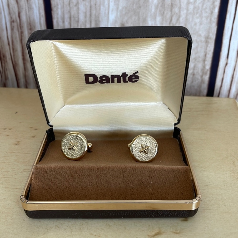 Dante Vintage Golden Cuff Links - Round w/“X” Accent w/original box NWOT